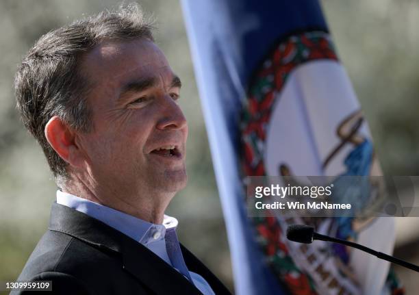 Virginia Gov. Ralph Northam speaks at an event titled “Transforming Rail in Virginia” at the Amtrak-VRE station in March 30, 2021 in Alexandria,...