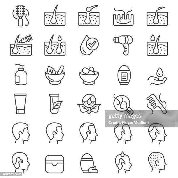 ilustraciones, imágenes clip art, dibujos animados e iconos de stock de conjunto de iconos de pérdida de cabello - dermatologia