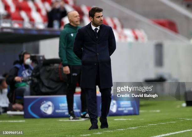 Adrian Mutu, Head Coach of Romania looks on during the 2021 UEFA European Under-21 Championship Group A match between Germany and Romania at Bozsik...