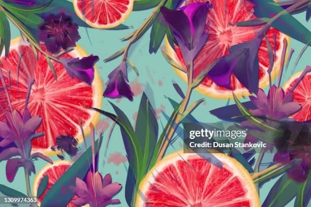 ilustraciones, imágenes clip art, dibujos animados e iconos de stock de combinación veraniego de pomelo y flores - diseño tropical