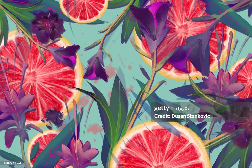 Summer combination of grapefruit and flowers