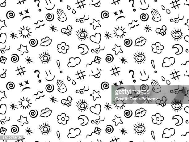 nahtlose abstrakte doodles illustration - symbole, emojis und symbole. - hands in the air heart stock-grafiken, -clipart, -cartoons und -symbole