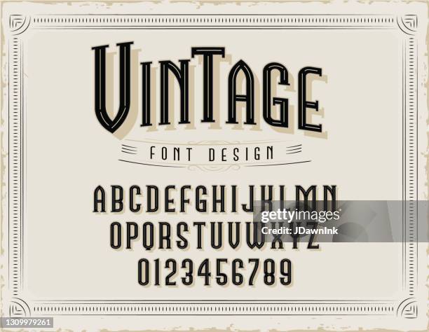 ilustraciones, imágenes clip art, dibujos animados e iconos de stock de vintage font design letra mayúscula y número de texto conjunto - abecedario