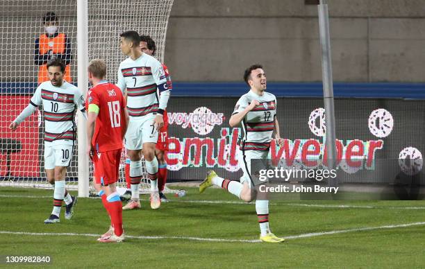 Diogo Jota of Portugal celebrates his goal during the FIFA World Cup 2022 Qatar qualifying match between Luxembourg and Portugal at Josy Barthel...