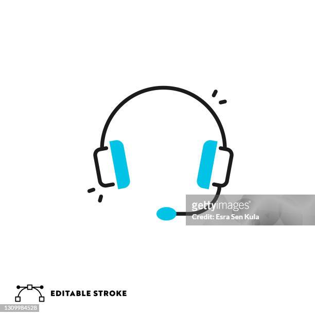 headset flat lineal icon mit editierbarem strich - headset stock-grafiken, -clipart, -cartoons und -symbole