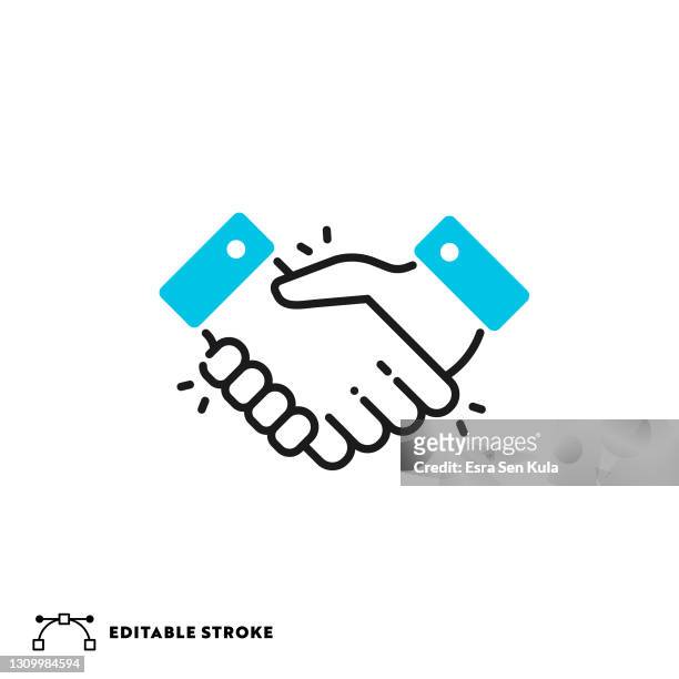 handshake flat lineal icon mit editierbarem strich - hände schütteln stock-grafiken, -clipart, -cartoons und -symbole