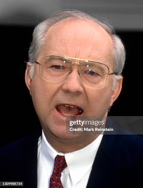 Presidential hopeful Senator Phil Gramm of Texas talks to reporters after his appearance on the ABC Sunday morning talk show "u201cThis Week With...