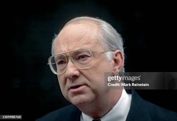 Senator Phil Gramm from Texas talks with reporters outside the ABC studios after his appearance on the Sunday morning talk show "This Week with David...