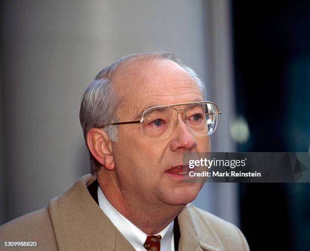 Presidential hopeful Senator Phil Gramm of Texas talks to reporters after his appearance on the ABC Sunday morning talk show "u201cThis Week With...