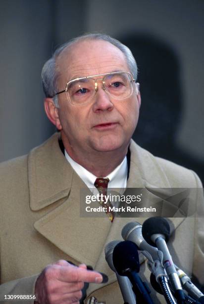 Presidential hopeful Senator Phil Gramm of Texas talks to reporters after his appearance on the ABC Sunday morning talk show "u201cThis Week With...