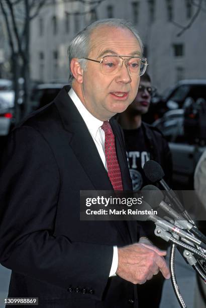 Presidential hopeful Senator Phil Gramm of Texas talks to reporters after his appearance on the ABC Sunday morning talk show "u201cThis Week With...