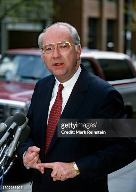 Senator Phil Gramm from Texas talks with reporters outside the ABC studios after his appearance on the Sunday morning talk show "This Week with David...