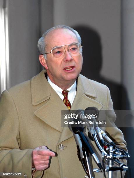 Presidential hopeful Senator Phil Gramm of Texas talks to reporters after his appearance on the ABC Sunday morning talk show "u201cThis Week With...