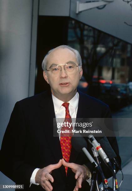 Senator Phil Gramm from Texas talks with reporters outside the ABC studios after his appearance on the Sunday morning talk show "This Week with David...