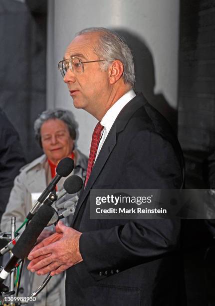 Presidential hopeful Senator Phil Gramm of Texas talks to reporters after his appearance on the ABC Sunday morning talk show "u201cThis Week With...