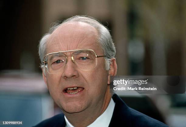 Senator Phil Gramm from Texas talks with reporters outside the ABC studios after his appearance on the Sunday morning talk show "This Week with David...