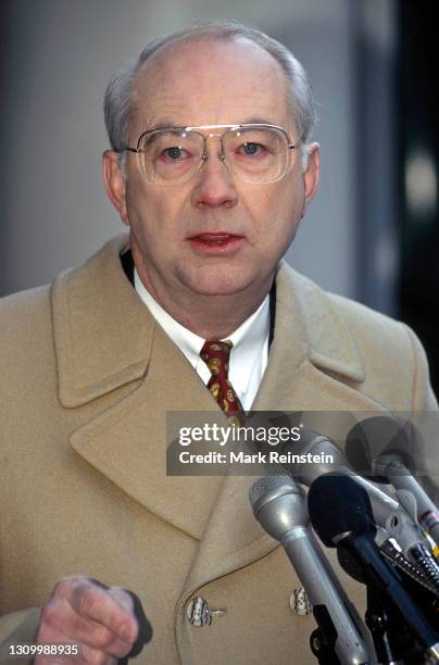 Presidential hopeful Senator Phil Gramm of Texas talks to reporters after his appearance on the ABC Sunday morning talk show "u201cThis Week With...