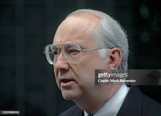 Senator Phil Gramm from Texas talks with reporters outside the ABC studios after his appearance on the Sunday morning talk show "This Week with David...