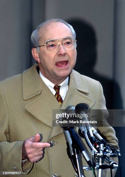 Presidential hopeful Senator Phil Gramm of Texas talks to reporters after his appearance on the ABC Sunday morning talk show "u201cThis Week With...