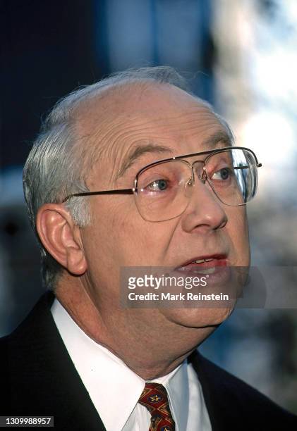 Presidential hopeful Senator Phil Gramm of Texas talks to reporters after his appearance on the ABC Sunday morning talk show "This Week With David...