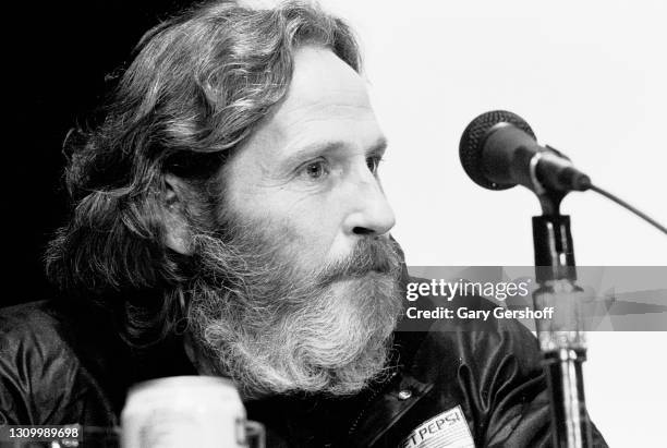 View of musicin Levon Helm as he speaks during a press conference at the Palladium to announce the inaugural tour of Ringo Starr and His All-Starr...