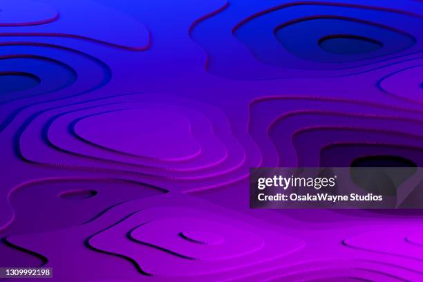 3d topological landscape model. stacked shaped plates of undefined material as hill contour lines lit by blue and purple light. - topography stock-fotos und bilder