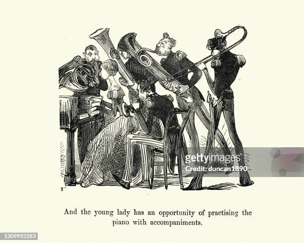 caricature of woman playing piano with accompaniments, by gustave dore, victorian cartoon 1860s - brass instrument stock illustrations