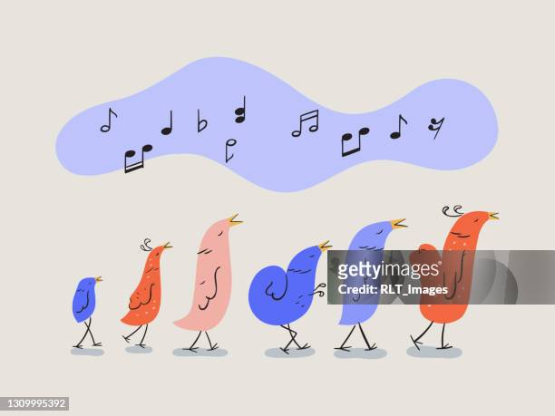 illustration of cute cartoon birds singing - music stock illustrations