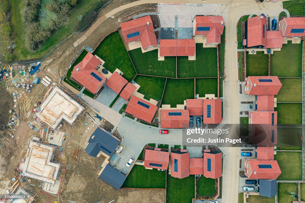 Drone view of modern housing development in the UK