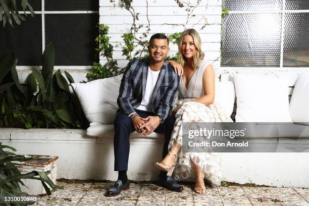 Guy Sebastian and Jules Sebastian pose during the media launch of Jules Sebastian's book 'Tea and Honesty ' on March 31, 2021 in Sydney, Australia.