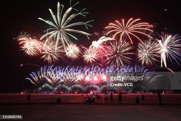 Fireworks explode during the completion ceremony of terminal area of Chengdu Tianfu International Airport on March 30, 2021 in Chengdu, Sichuan...