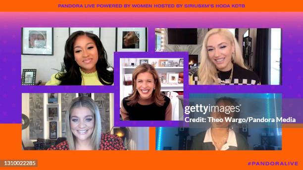 In this screengrab, Jazmine Sullivan , Gwen Stefani , Hoda Kotb , Lauren Alaina and Becky G speak during Pandora Live Powered By Women Featuring Gwen...