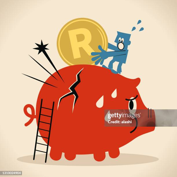 businessman putting a south african rand currency into a piggy bank and finding it being breaking - rand stock illustrations