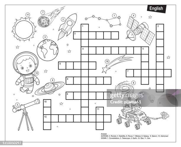 black and white crossword in english - science kid stock illustrations