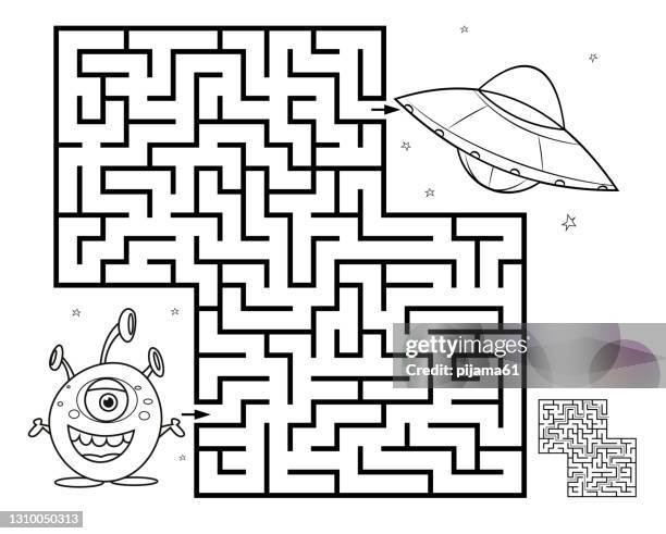 white, maze game for children, help the alien find right path to the ufo - coloring book page illlustration technique stock illustrations