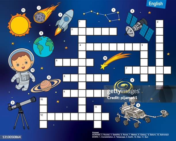 crossword in english, education game for children about space - crossword puzzle stock illustrations