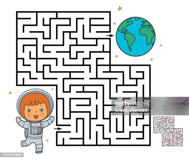 maze game for children. help the astronaut to get to earth - labyrinth stock illustrations