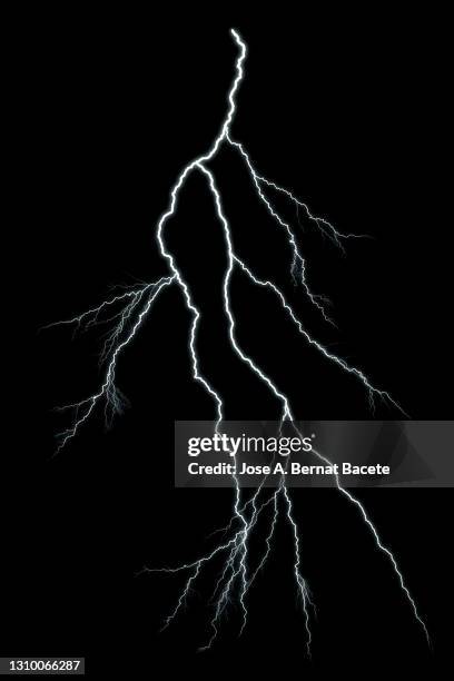 energy, flash of lightning on black background. - blitze freisteller stock-fotos und bilder