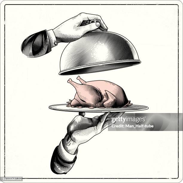 stockillustraties, clipart, cartoons en iconen met dienblad in kelnershanden - foodservice