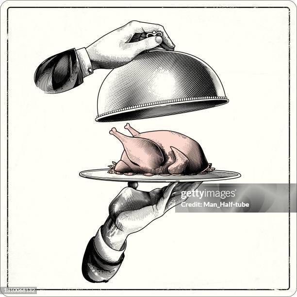 serving tray in waiters hands - cloche stock illustrations