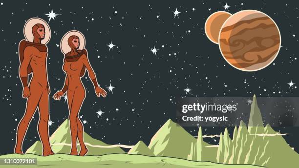 vector retro astronaut couple in space stock illustration - alien planet stock illustrations