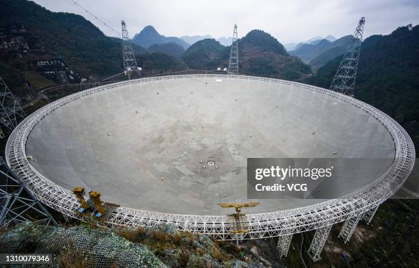 General view of the Five-hundred-meter Aperture Spherical radio Telescope on February 4, 2021 in Pingtang County, Qiannan Buyei and Miao Autonomous...