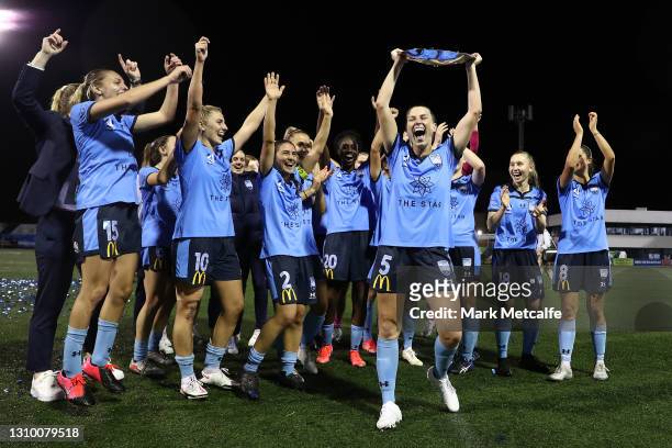 Sydney FC players pose with the Premiers Plate after the round 14 W-League match between Sydney FC and Melbourne Victory at Cromer Park, on March 31,...