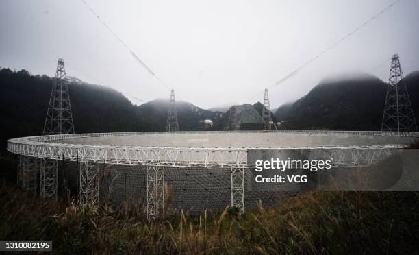 General view of the Five-hundred-meter Aperture Spherical radio Telescope on February 2, 2021 in Pingtang County, Qiannan Buyei and Miao Autonomous...