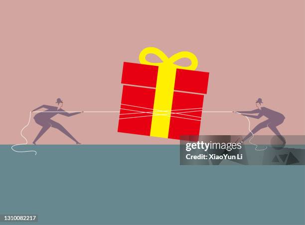 two people pulled the gift hard. - receiving present stock illustrations