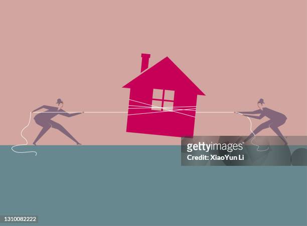 two people pulled the house vigorously. - tug of war stock illustrations