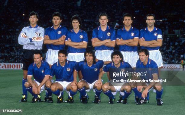 Italy team line up :Walter Zenga, Paolo Maldini, Fernando De Napoli, Nicola Berti, Riccardo Ferri, Giuseppe Bergomi, Salvatore Schillaci, Roberto...