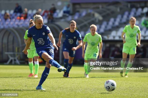 Pernille Harder of Chelsea scores a penalty for her team's first goal during the Second Leg of the UEFA Women's Champions League Quarter Final match...