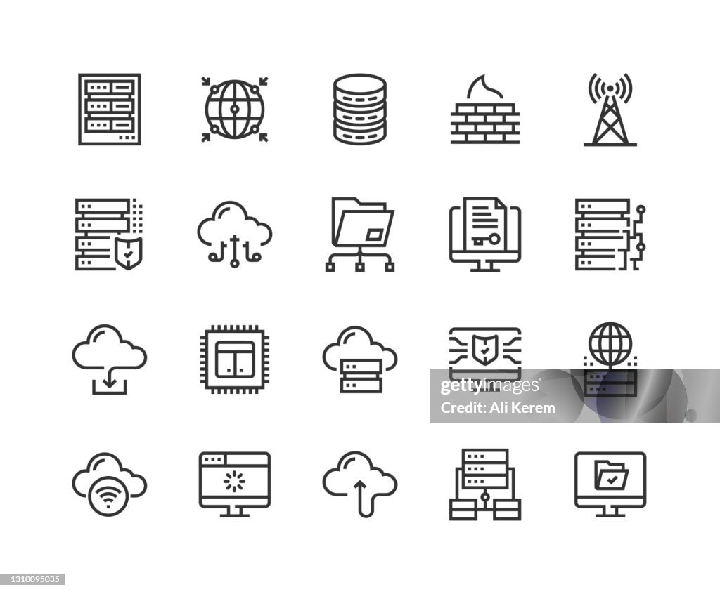 Web Hosting, Server, Global Network, Database, Network Firewall Icons