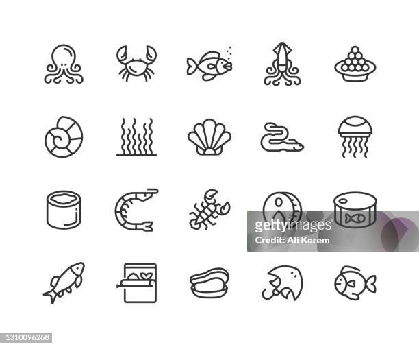 sea food, octopus, crab, sea food, calamari, caviar, stingray icons - caviar stock illustrations
